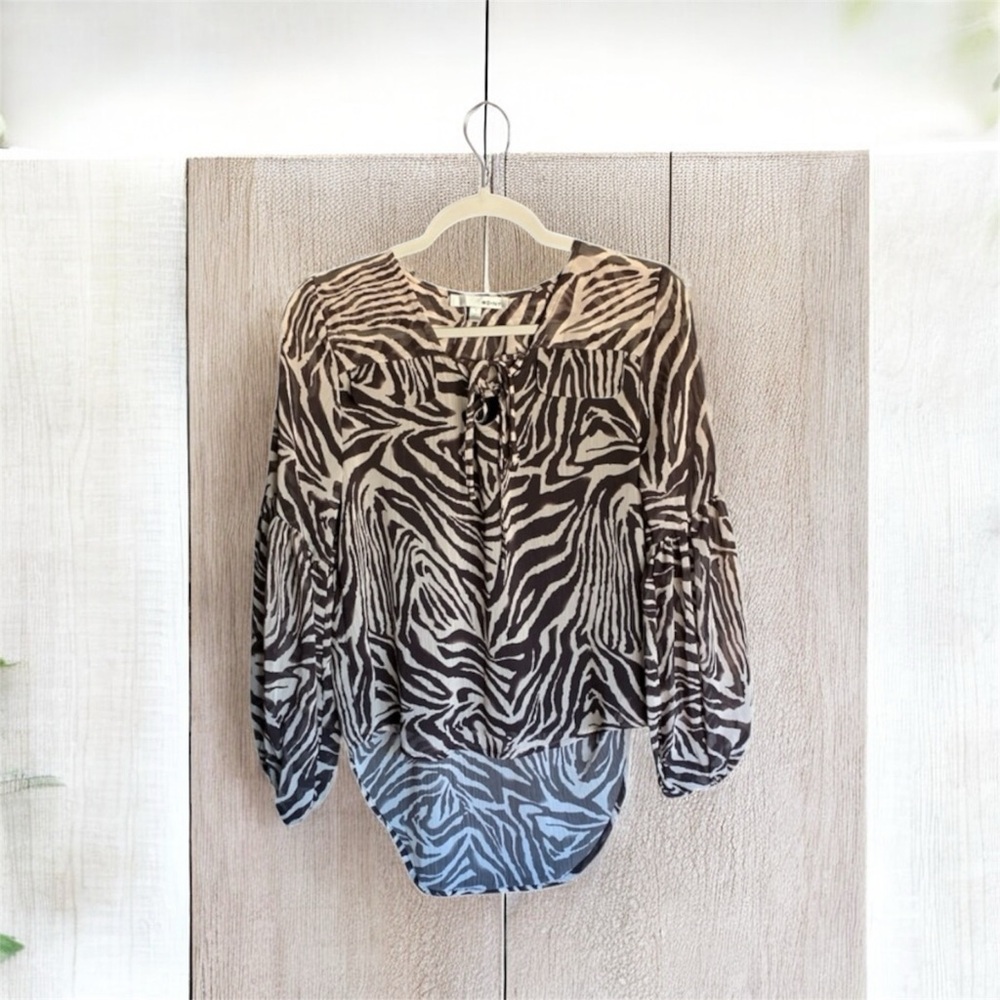 WD NY Womens Zebra Print Blouse Statement Sleeves Size Small Office